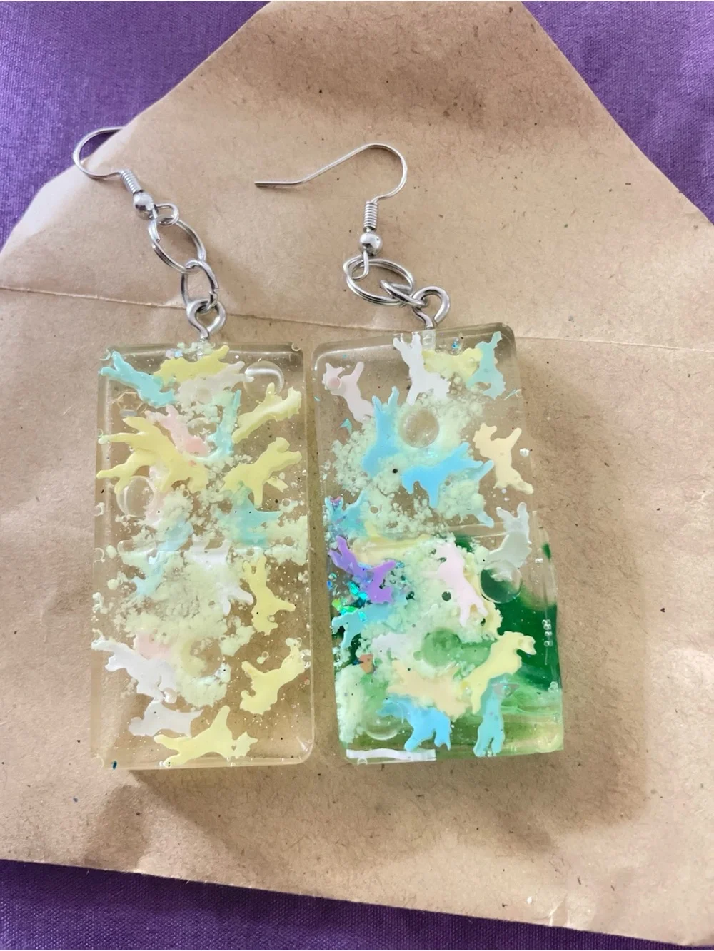 Handmade Resin Rectangle Earrings with Pastel Dino Inclusions